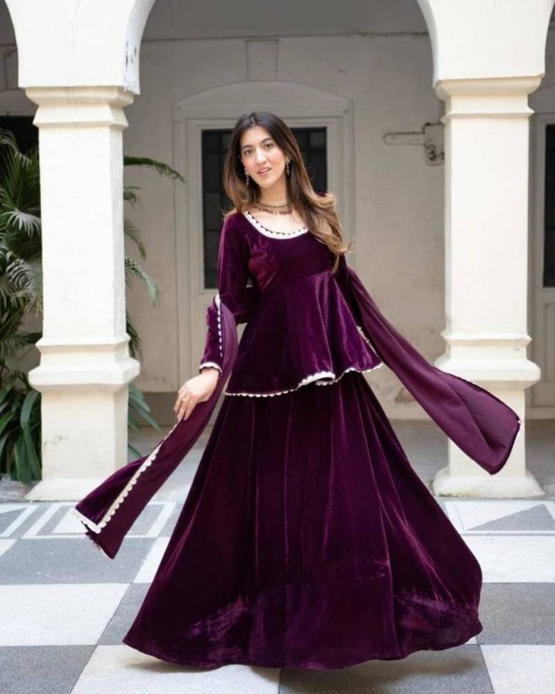 Wine Velvet Kurta with Dupatta