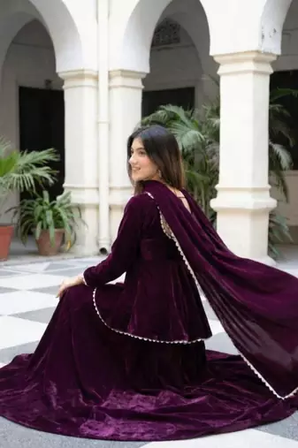Wine Velvet Kurta with Dupatta