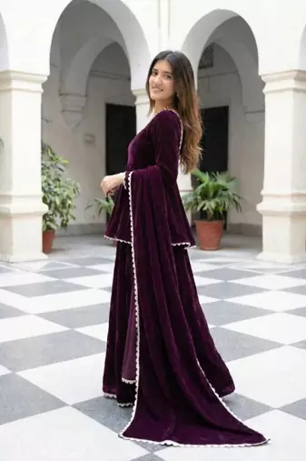 Wine Velvet Kurta with Dupatta