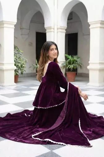 Wine Velvet Kurta with Dupatta