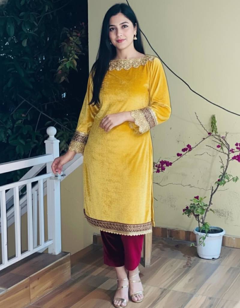 Yellow Velvet Kurti with Heavy Gotta Lace Work & Maroon Pant 