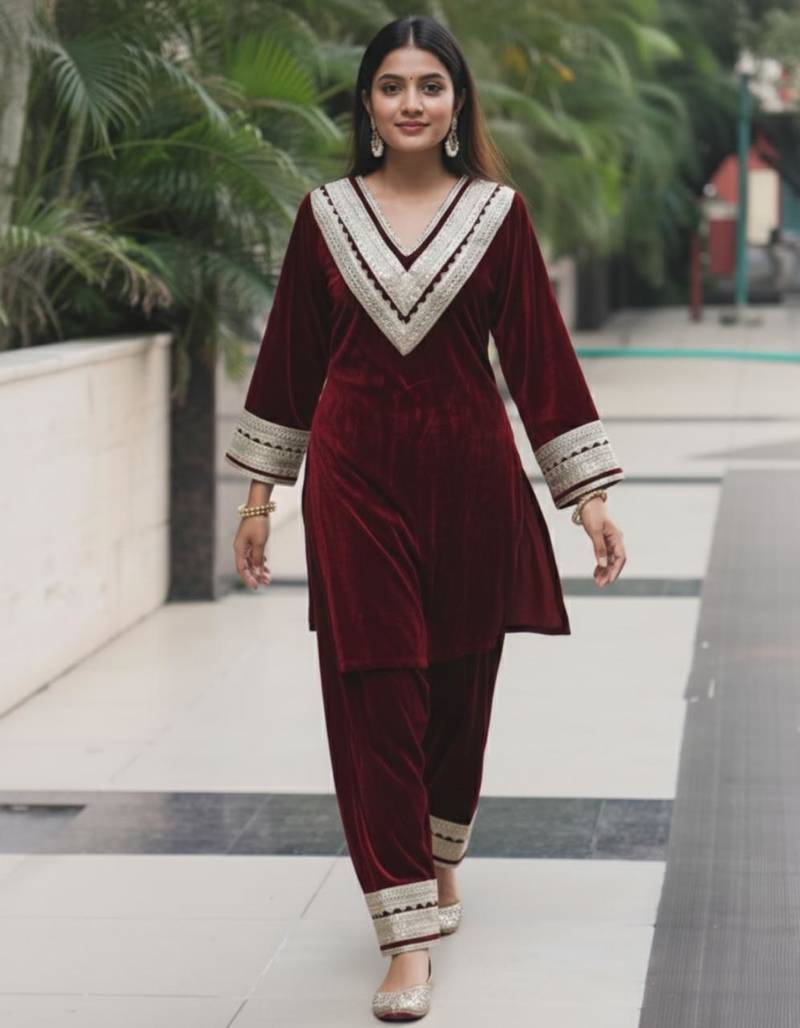 Maroon Heavy Gotta Work Indian Outfit for Weddings