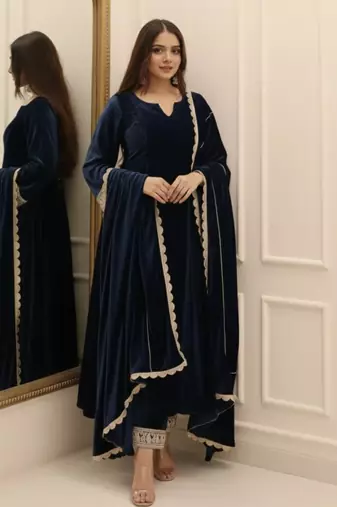 Navy Blue Velvet Kurta set