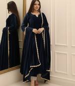 Navy Blue 3 Pc Velvet Anarkali with Lace Work for Winters