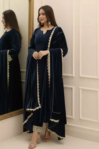 Navy Blue Velvet Kurta set