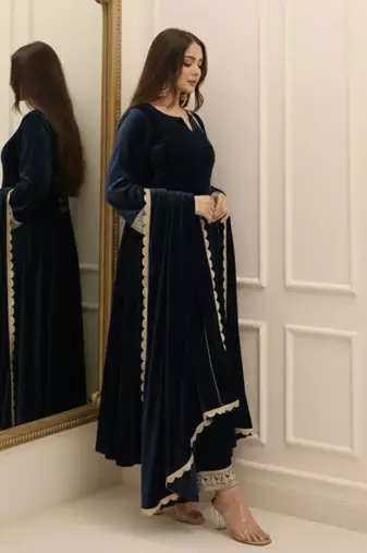 Navy Blue Velvet Kurta set