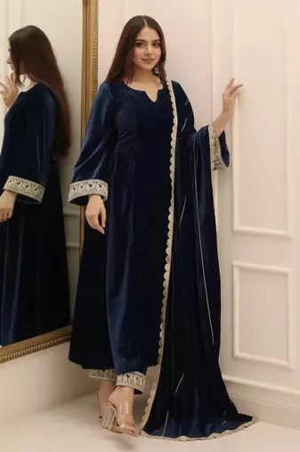 Navy Blue Velvet Kurta set