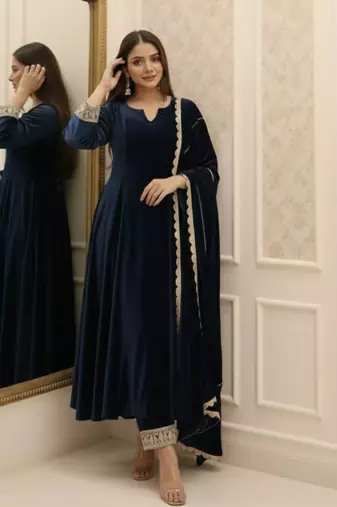 Navy Blue Velvet Kurta set