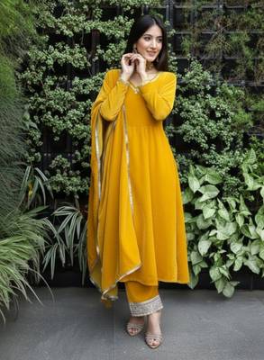Yellow Velvet Kurta set 1