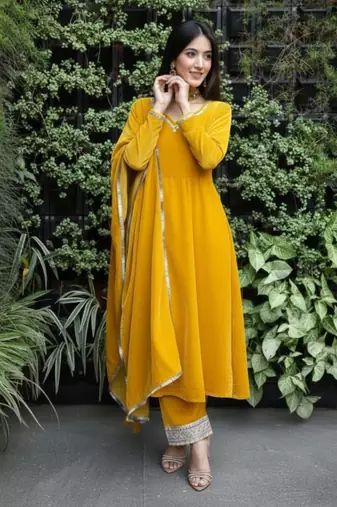 Yellow Velvet Kurta set