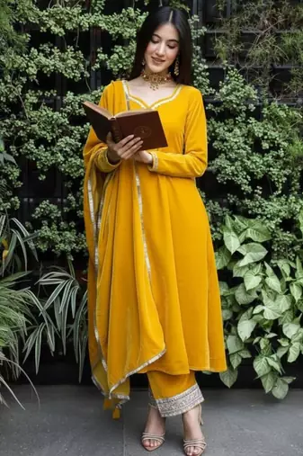 Yellow Velvet Kurta set