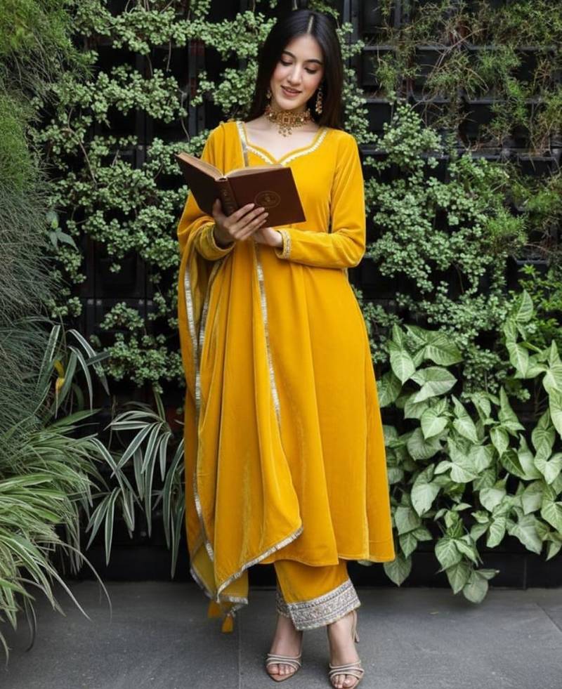 Yellow Velvet Kurta set