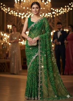 green georgette bandhani saree with zari border 1