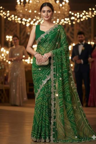 elegant green georgette bandhani saree with designer jari cutwork border & banglori silk blend blouse