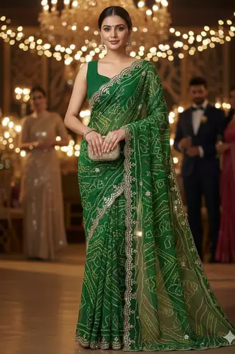 elegant green georgette bandhani saree with designer jari cutwork border & banglori silk blend blouse