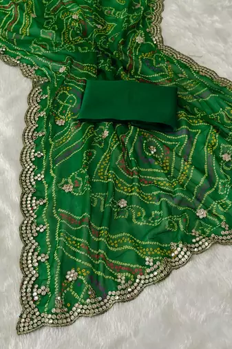 green georgette bandhani saree with zari border