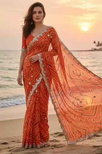 elegant orange georgette bandhani saree with designer jari cutwork border & banglori silk blend blouse
