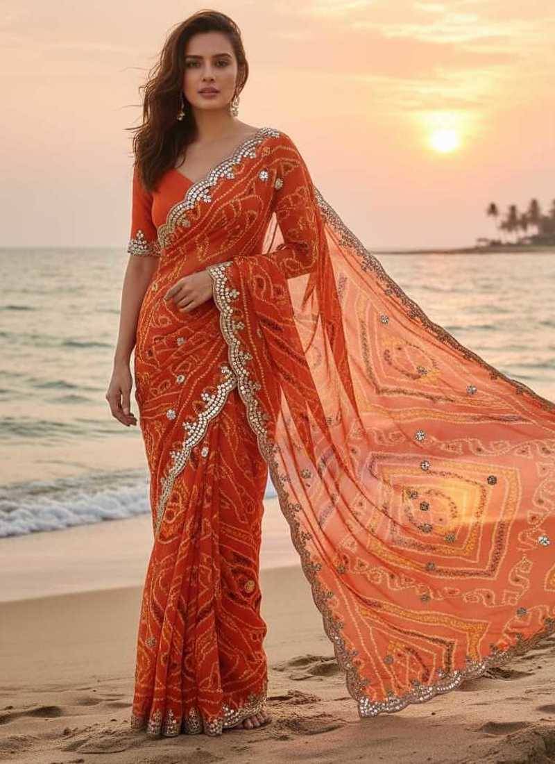 elegant orange georgette bandhani saree with designer jari cutwork border & banglori silk blend blouse
