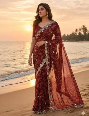 elegant red georgette bandhani saree with designer jari cutwork border & banglori silk blend blouse 1
