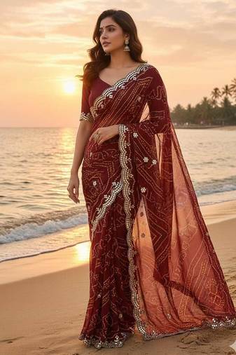 elegant red georgette bandhani saree with designer jari cutwork border & banglori silk blend blouse