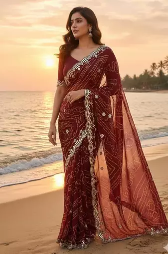 elegant red georgette bandhani saree with designer jari cutwork border & banglori silk blend blouse