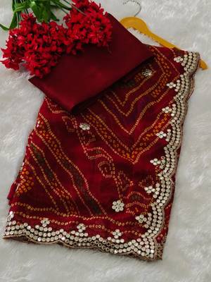 elegant red georgette bandhani saree with designer jari cutwork border & banglori silk blend blouse 2
