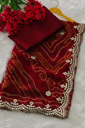 elegant red georgette bandhani saree with designer jari cutwork border & banglori silk blend blouse