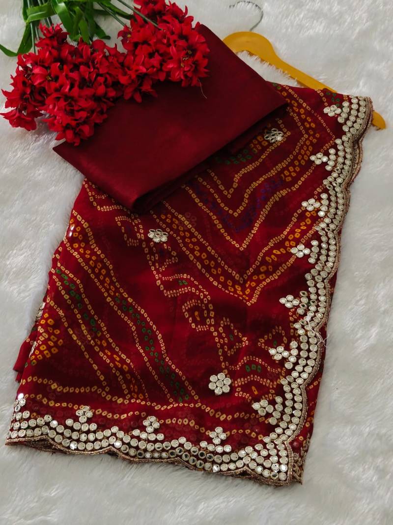 elegant red georgette bandhani saree with designer jari cutwork border & banglori silk blend blouse