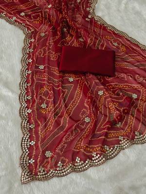 elegant red georgette bandhani saree with designer jari cutwork border & banglori silk blend blouse 3