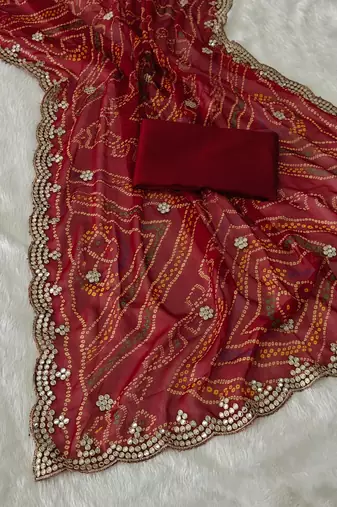 elegant red georgette bandhani saree with designer jari cutwork border & banglori silk blend blouse