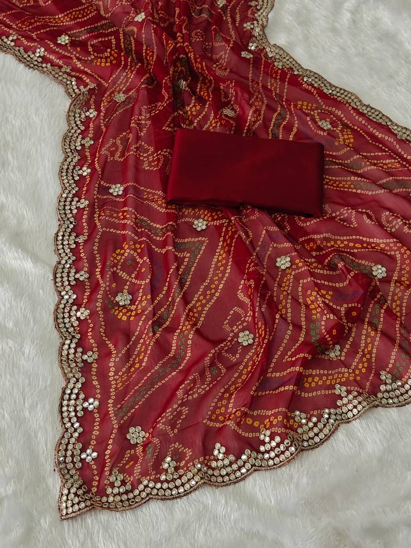 elegant red georgette bandhani saree with designer jari cutwork border & banglori silk blend blouse