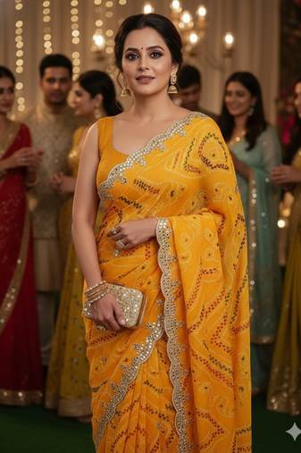 elegant yellow georgette bandhani saree with designer jari cutwork border & banglori silk blend blouse