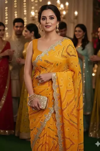 elegant yellow georgette bandhani saree with designer jari cutwork border & banglori silk blend blouse