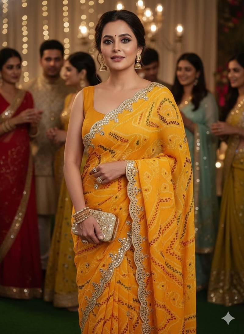 elegant yellow georgette bandhani saree with designer jari cutwork border & banglori silk blend blouse