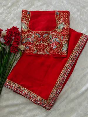 graceful red soft rangoli silk blend saree with sequins embroidery lace border & designer blouse 1