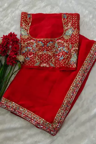 graceful red soft rangoli silk blend saree with sequins embroidery lace border & designer blouse