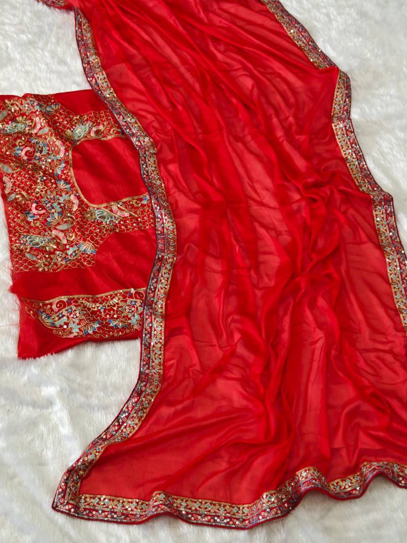 graceful red soft rangoli silk blend saree with sequins embroidery lace border & designer blouse