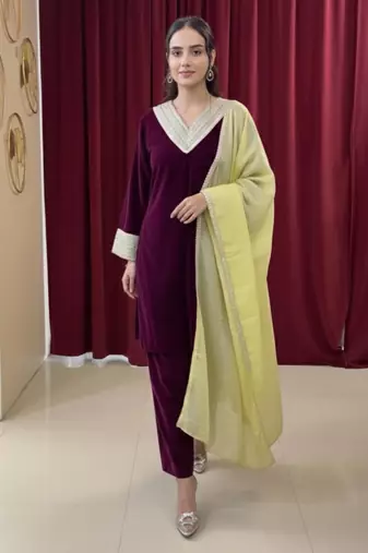 Wine Velvet Gotta Work Kurti Pant with Dupatta