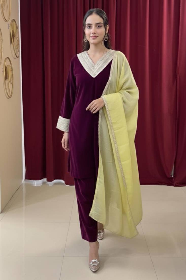 Wine Velvet Gotta Work Kurti Pant Set with Dupatta
