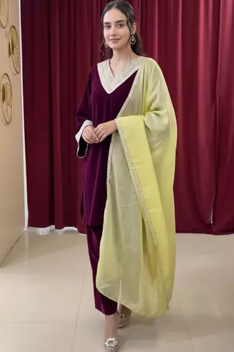 Wine Velvet Gotta Work Kurti Pant with Dupatta