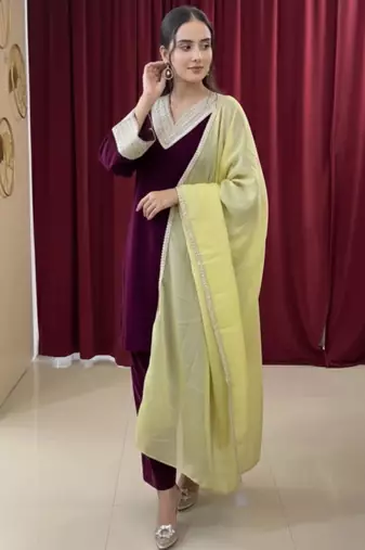 Wine Velvet Gotta Work Kurti Pant with Dupatta