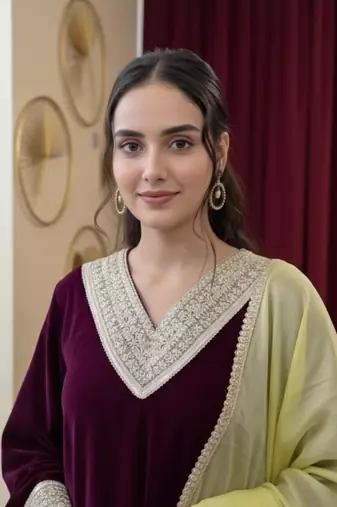 Wine Velvet Gotta Work Kurti Pant with Dupatta