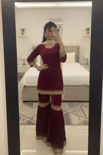 Maroon Velvet Kurta Set with Dupatta