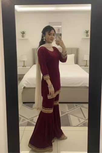 Maroon Velvet Kurta Set with Dupatta