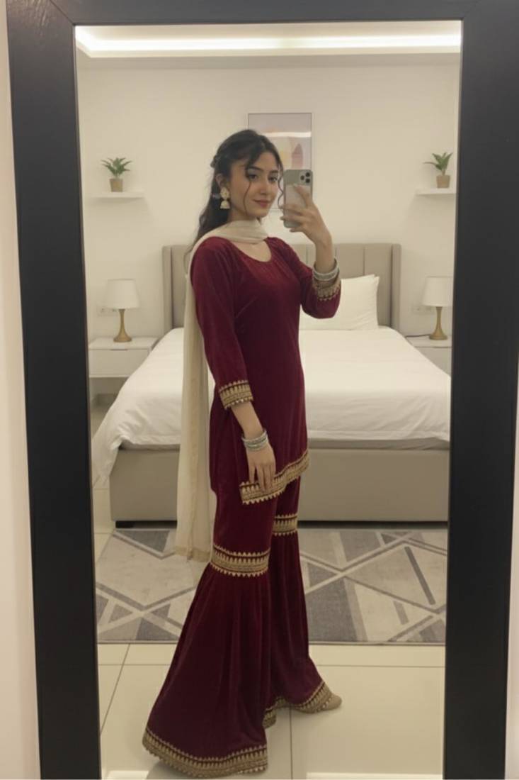 Maroon Velvet Kurta Set with Dupatta