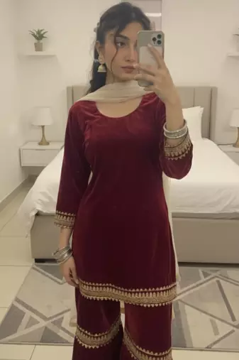 Maroon Velvet Kurta Set with Dupatta