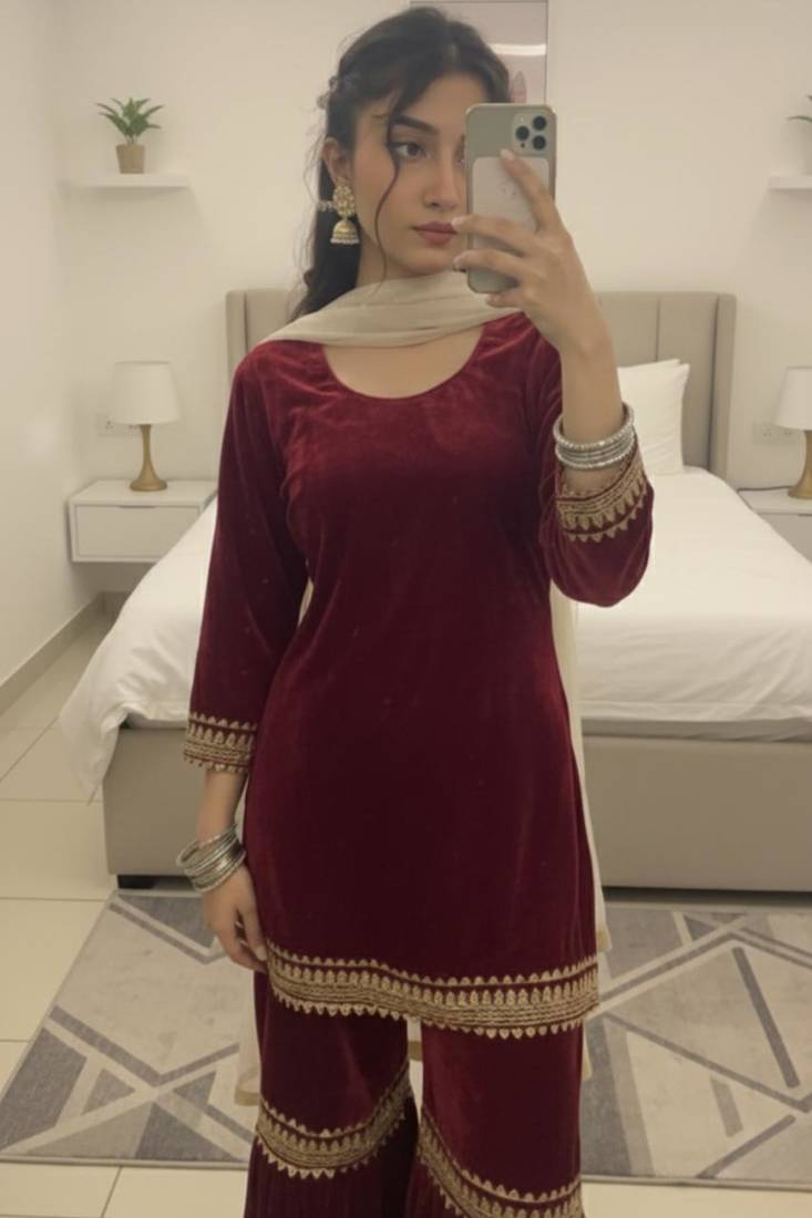 Maroon Velvet Kurta Set with Dupatta