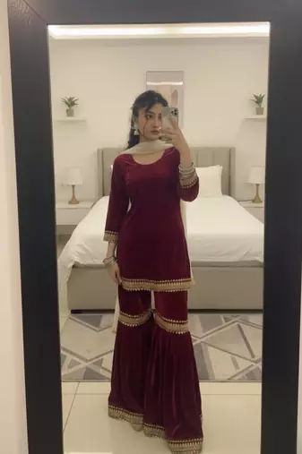 Maroon Velvet Kurta Set with Dupatta