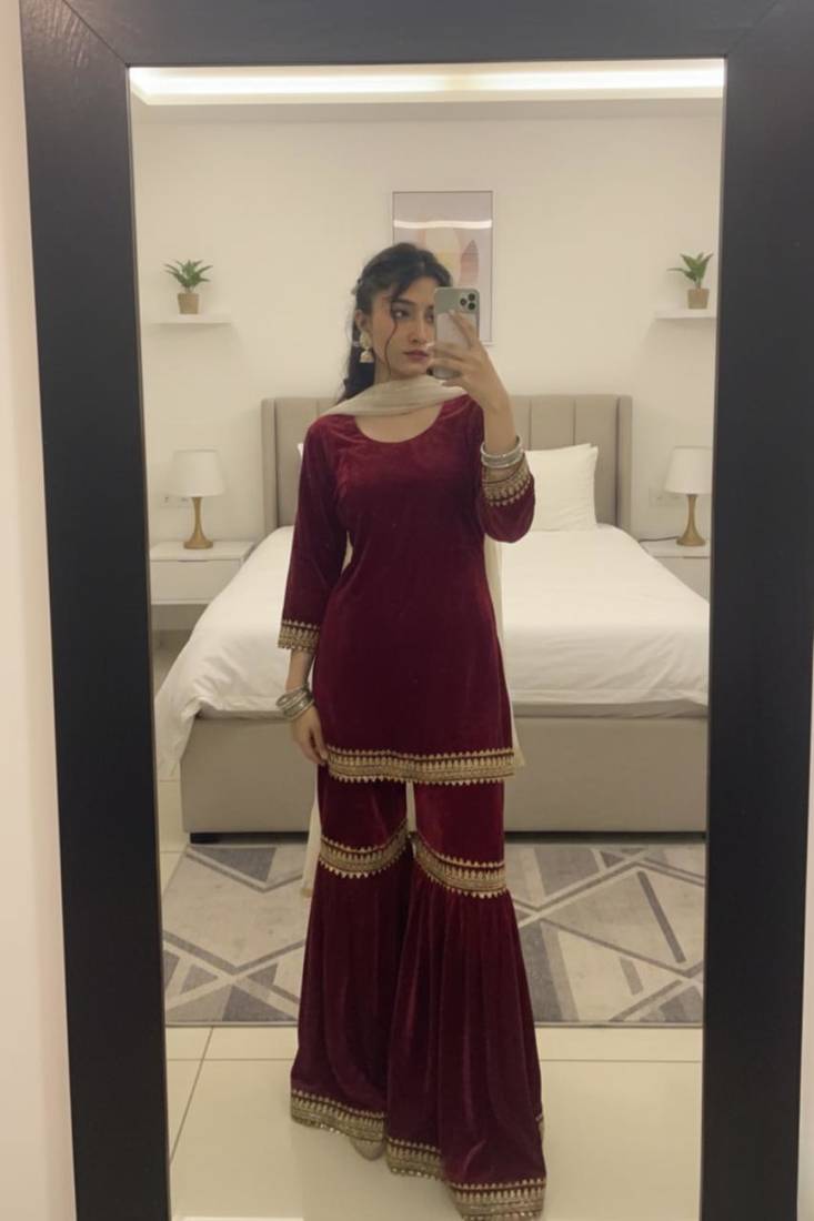 Maroon Velvet Kurta Set with Dupatta