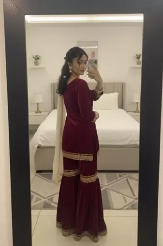 Maroon Velvet Kurta Set with Dupatta